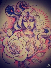 欧美school蛇女郎玫瑰纹身图案手稿