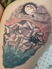 大腿school欧美风景纹身图案