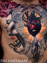 欧美school心脏人像花卉纹身图案