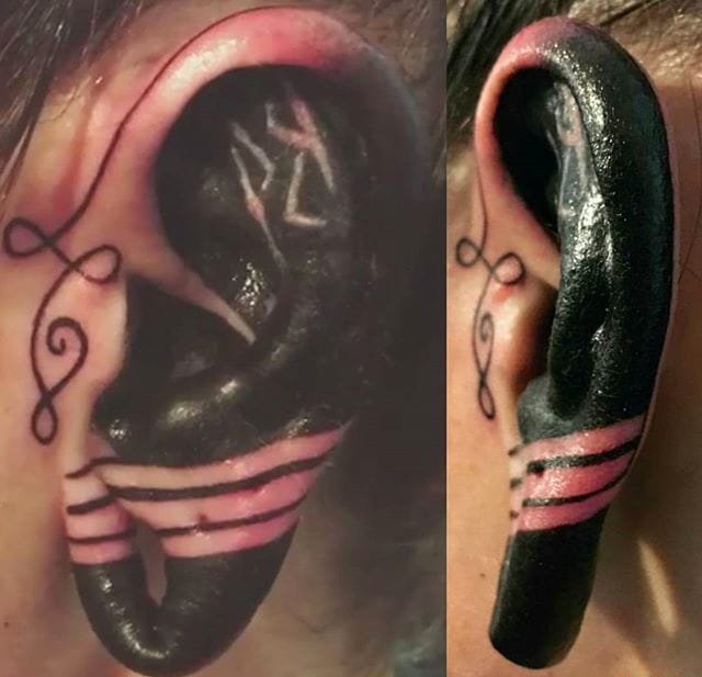 黑色面部个性纹身耳朵上线条几何纹身图案