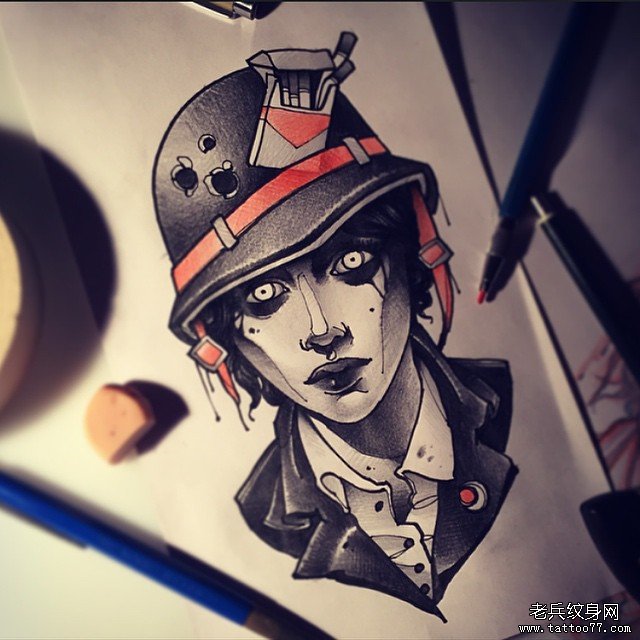 欧美school暗黑系人像纹身图案手稿