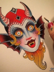 欧美school人鱼怪物头像纹身图案手稿