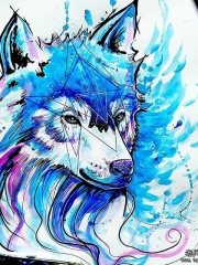 欧美泼墨狼头几何纹身图案手稿