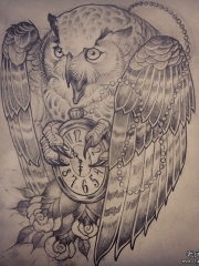欧美school猫头鹰时钟纹身图案手稿
