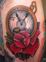 小腿欧美时钟玫瑰纹身图案