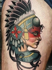 大腿school印第安女郎纹身图案