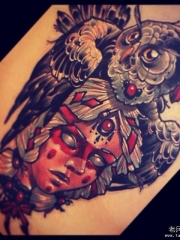 欧美old school猫头鹰人像纹身图案手稿