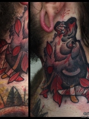 颈部欧美school狼头树叶纹身图案