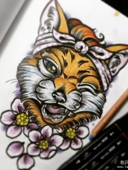 欧美school卡通狐狸花朵纹身图案手稿