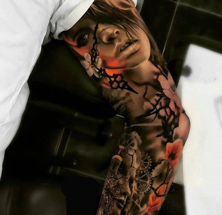 22款黑灰色的欧美满臂纹身时尚花臂纹身图案