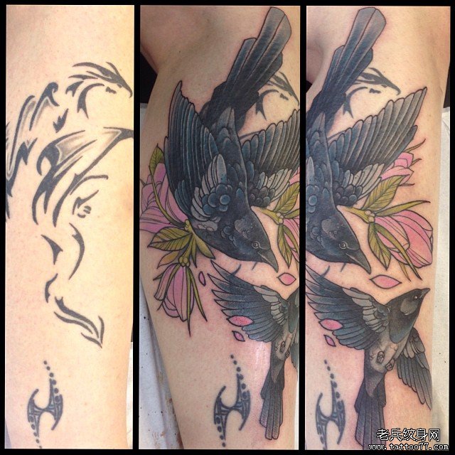 小腿欧美school鸟花卉纹身图案
