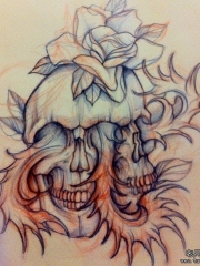 欧美school骷髅花卉纹身图案手稿