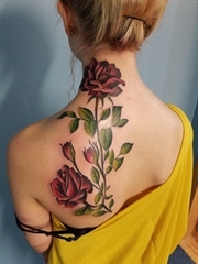 美女蝴蝶骨纹身鲜艳的植物藤彩色纹身玫瑰花图案