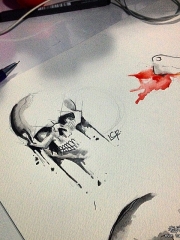 欧美school骷髅水墨纹身图案手稿