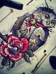 欧美猫头鹰玫瑰彩绘纹身图案手稿