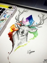 欧美school泼墨鹿纹身图案手稿