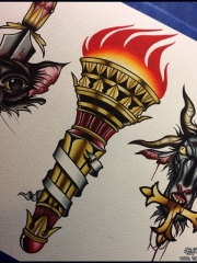 old school火炬动物头像匕首纹身图案手稿