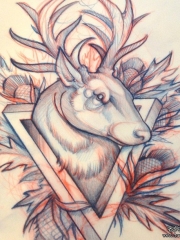 欧美麋鹿植物纹身图案手稿