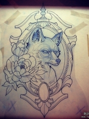 欧美school牡丹花狐狸纹身图案手稿