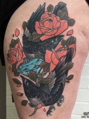 大腿欧美school乌鸦钻石花卉纹身图案