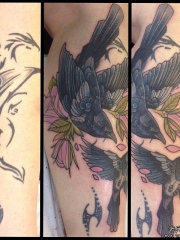小腿欧美school鸟花卉纹身图案