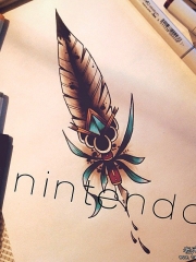 欧美new school羽毛彩绘纹身图案手稿