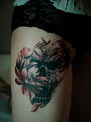 性感美女腿部骷髅莲花纹身图案