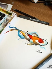 欧美school泼墨鲤鱼小清新纹身图案手稿