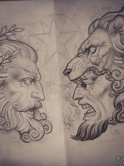 欧美school人像狮子纹身图案手稿