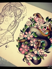 欧美school蛇桃花女郎纹身图案手稿