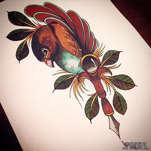 欧美school鸟树叶纹身图案手稿