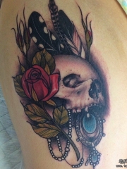 大腿欧美性感骷髅花卉宝石纹身图案
