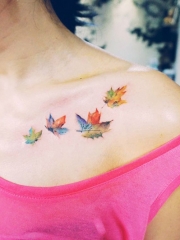 锁骨美丽的枫叶彩绘纹身图案