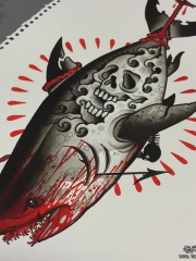 欧美血腥鲨鱼骷髅school纹身图案手稿