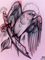 欧美school鸟匕首纹身图案手稿