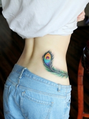 女生腰部梦幻的彩色孔雀羽翎个性纹身图案