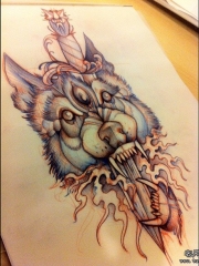 欧美狼头匕首school纹身图案手稿