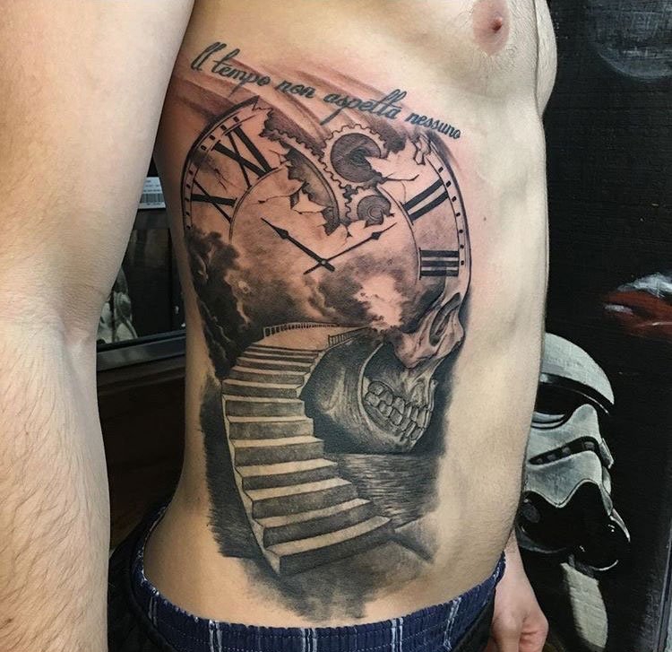 黑灰色骷髅头纹身腰部男性超霸气纹身图案