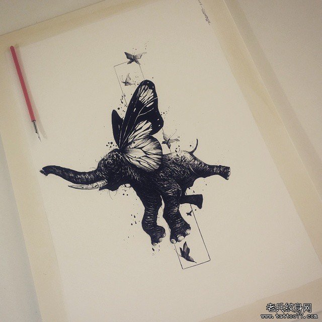 欧美大象蝴蝶个性纹身图案手稿