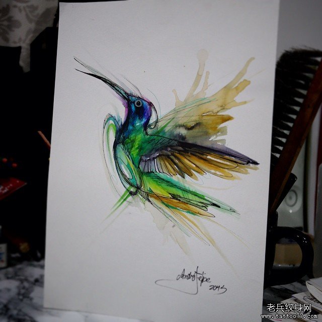 欧美school蜂鸟泼墨纹身图案手稿