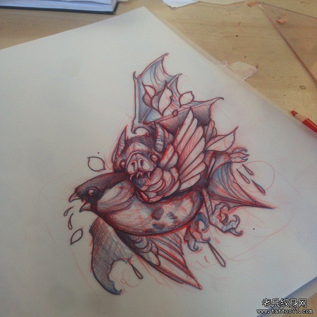 欧美school燕子蝙蝠纹身图案手稿