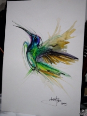 欧美school蜂鸟泼墨纹身图案手稿