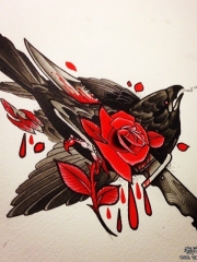 欧美school乌鸦匕首玫瑰纹身图案手稿
