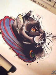 欧美school黑猫纹身图案手稿