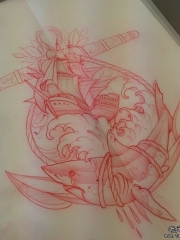 欧美school帆船鲨鱼纹身图案手稿