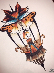 欧美灯蜡烛飞蛾纹身图案手稿