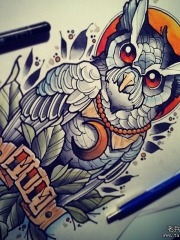 欧美school猫头鹰纹身图案手稿