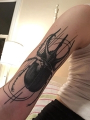 手大臂上漂亮的黑色风格甲虫图案纹身