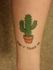 手小臂上清新的仙人掌和英文字纹身