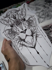 传统武士狮子纹身图案手稿